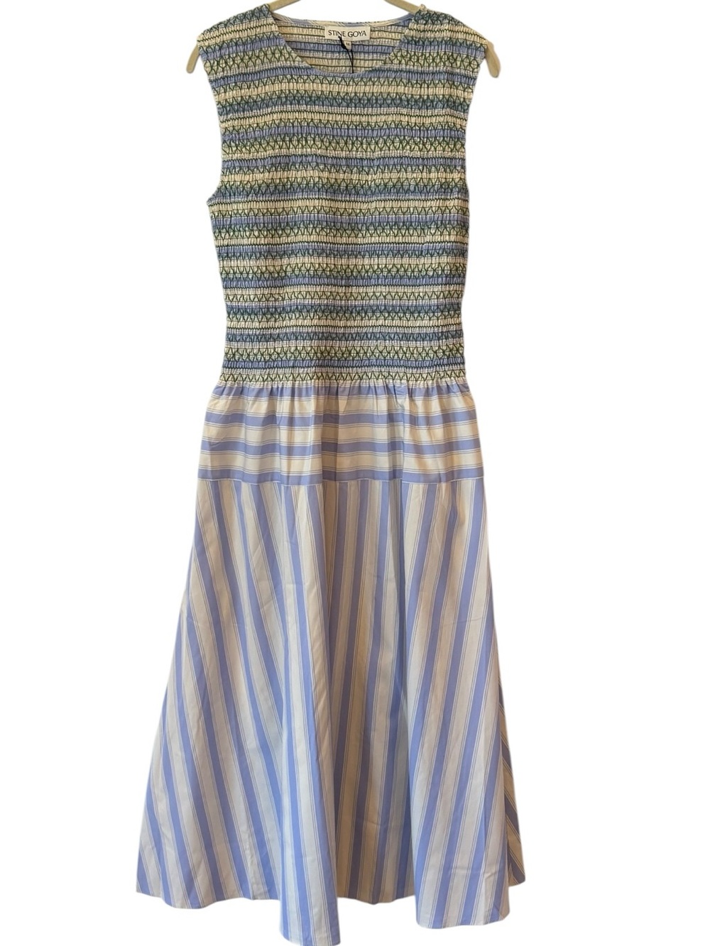 NWT Stine Goya Smocked Gathered Tank Dress - Blue & Green Stripes Medium $425 - Picture 6 of 8